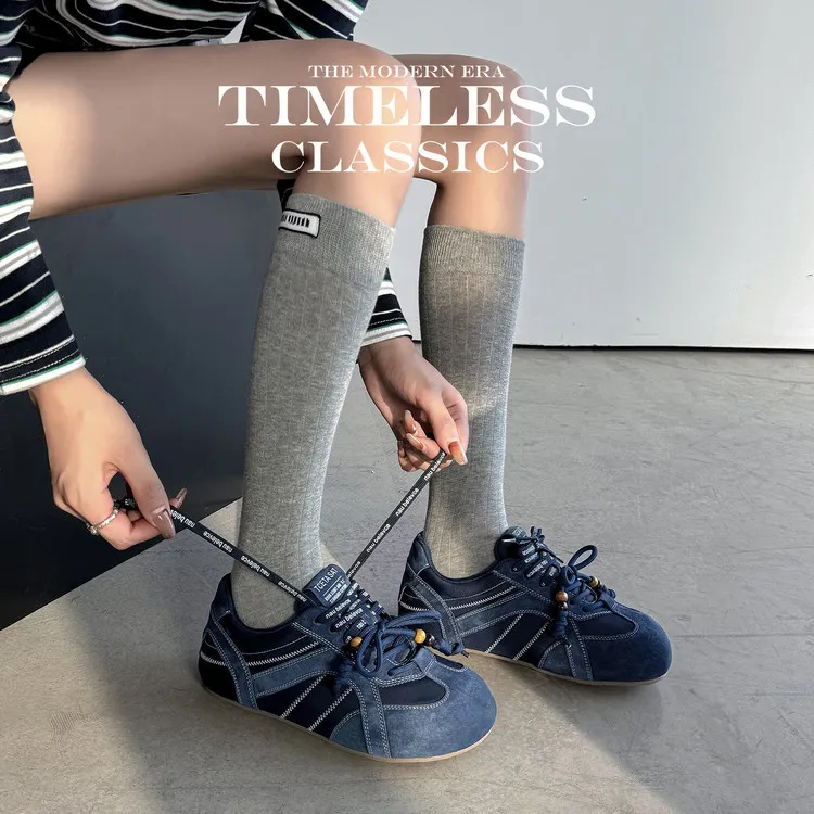 Autumn round-toe flat shoes, lace-up, pigskin, casual and comfortable, mango-toe women's shoes, 9-3h - Blue 35