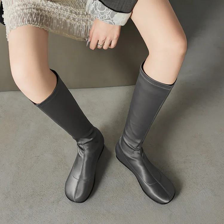 Autumn/Winter Long Boots, Short Boots, Flat Bottom, Round Toe, Elastic Fashion Women's Boots, Black, Gray 9-19i - Grey long liner 34
