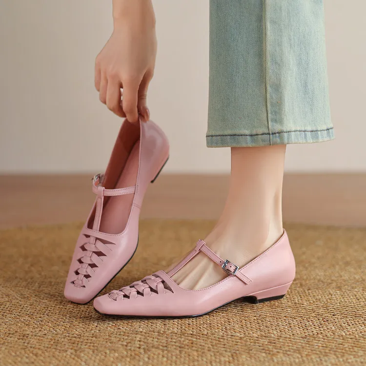 Spring/Autumn Square Toe Hollow Out Single Shoes Chunky Heel Low Heel Buckle Cowhide Fashion Women's Shoes 9-19p - Pink 34