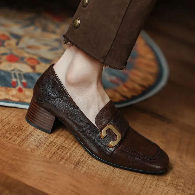 Autumn single shoes, square toe, chunky heel, high heel, slip-on, comfortable cowhide women's shoes, 9-29e - Brown 34