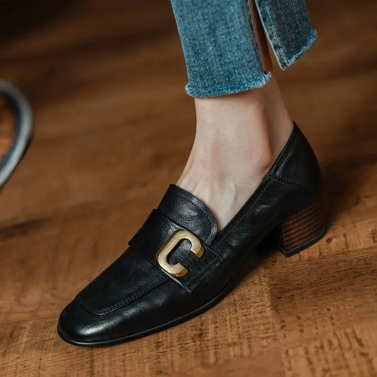 Autumn single shoes, square toe, chunky heel, high heel, slip-on, comfortable cowhide women's shoes, 9-29e - Black 34