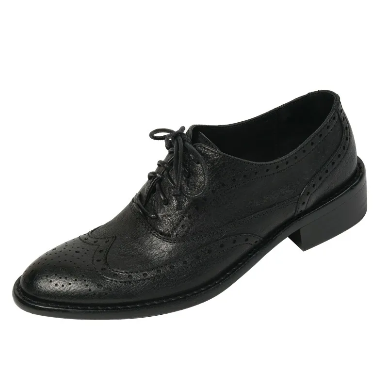 Top-grain cowhide vintage brogue British style women's shoes, spring and autumn mid-heel genuine leather lace-up single shoes - Black 34