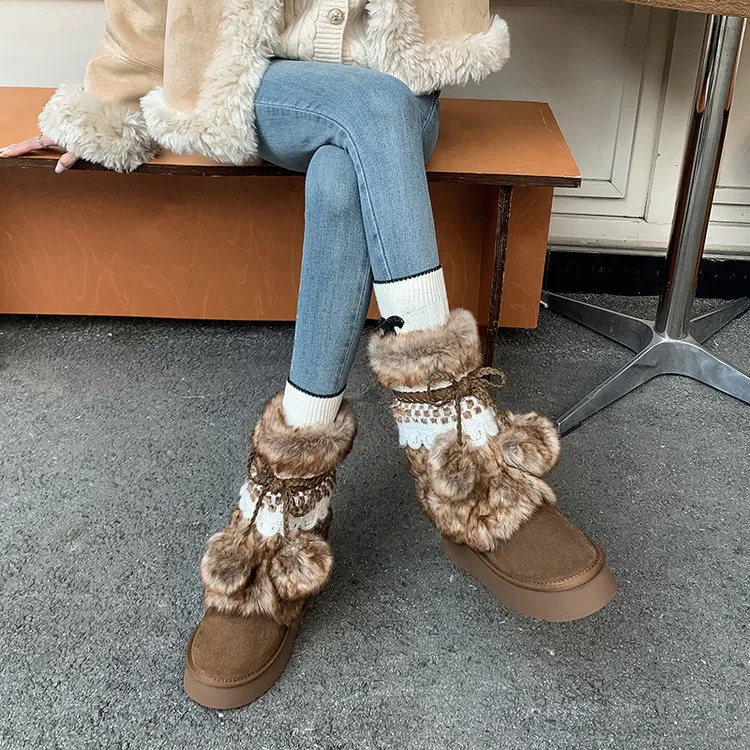 Winter super warm thick-soled snow boots, color-blocked bow comfortable women's boots, brown and gray, 10-30h - Brown 34