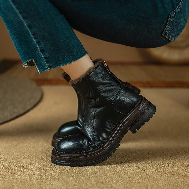 Winter round-toe snow boots, thick sole, chunky heel, high heel, back zipper, simple lamb wool women's boots - Black 34