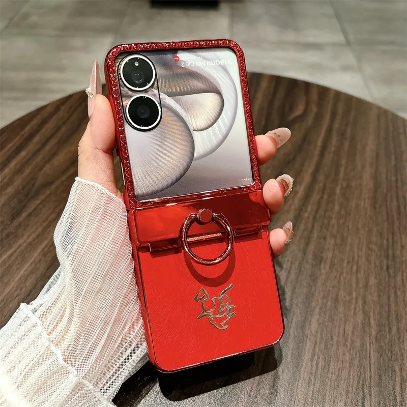 Compatible with Xiaomi MIX Flip2 phone case, red with Year of the Horse design, full-coverage hinge for drop protection.