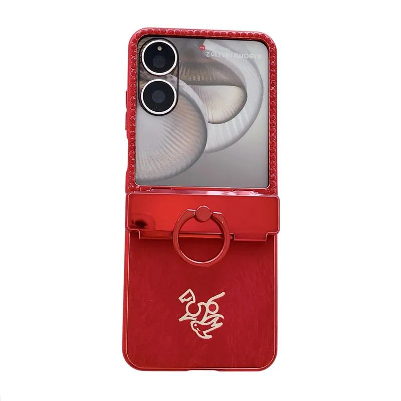 Compatible with Xiaomi MIX Flip2 phone case, red with Year of the Horse design, full-coverage hinge for drop protection.