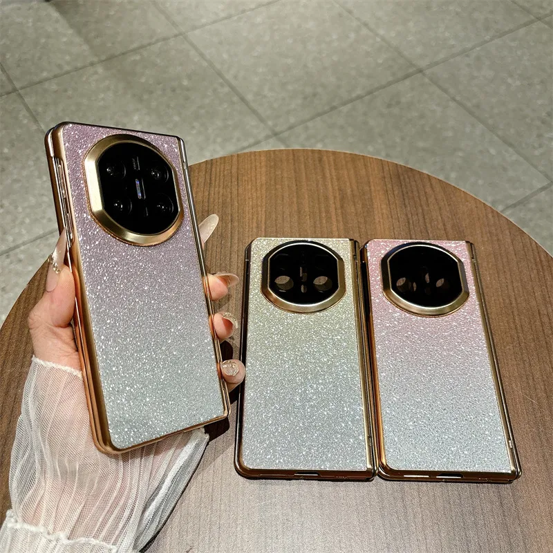 Compatible with Huawei MATE X7 and Mate X6 foldable screen glitter electroplated case with integrated hinge and drop protection.