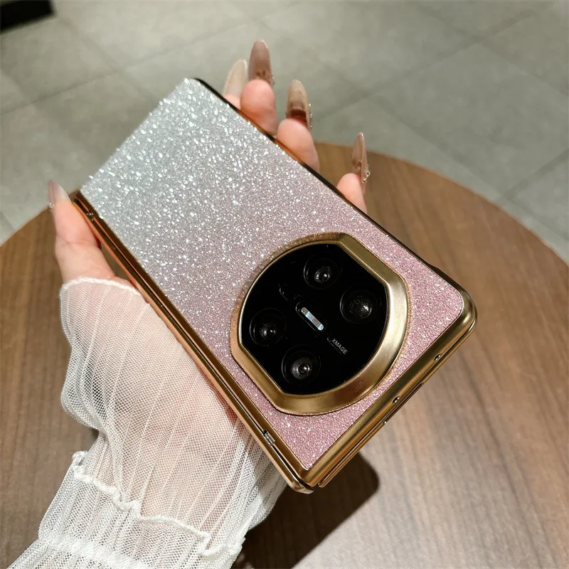 Compatible with Huawei MATE X7 and Mate X6 foldable screen glitter electroplated case with integrated hinge and drop protection.