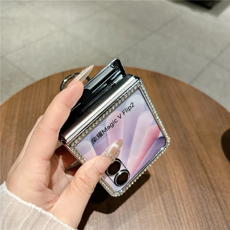 Compatible with Honor Magic V Flip2 phone case, foldable screen, luxury electroplated vegan leather ring, drop-proof protective case