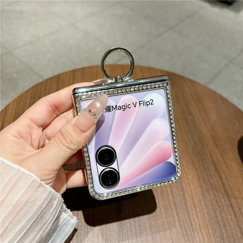 Compatible with Honor Magic V Flip2 phone case, foldable screen, luxury electroplated vegan leather ring, drop-proof protective case