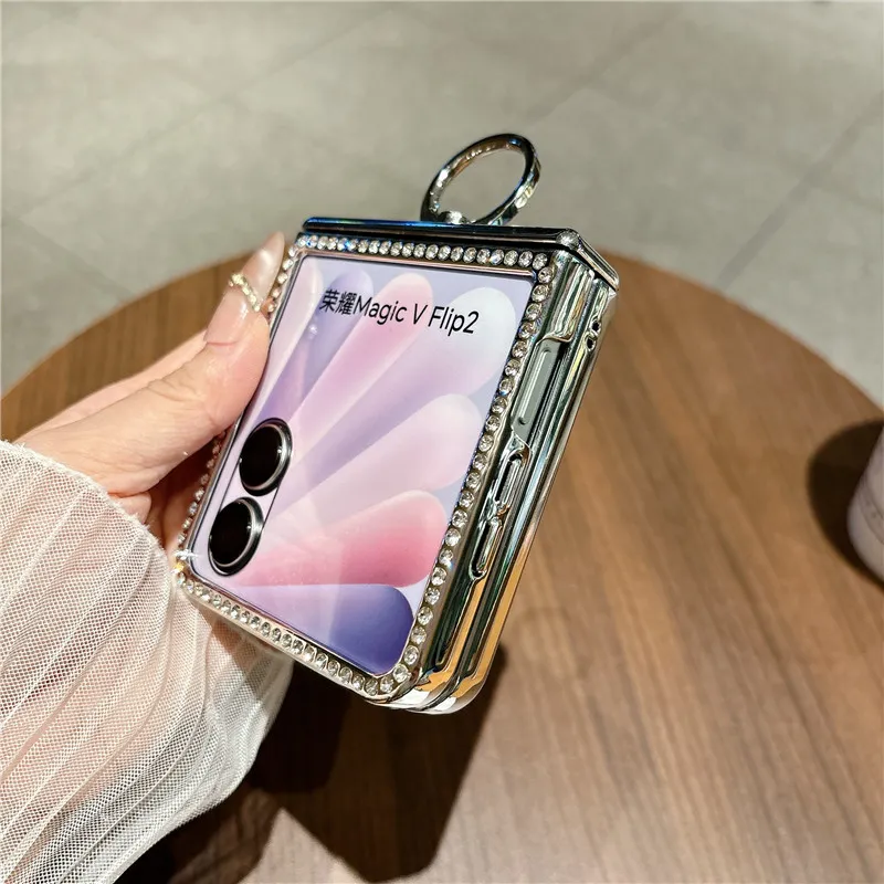 Compatible with Honor Magic V Flip2 phone case, foldable screen, luxury electroplated vegan leather ring, drop-proof protective case