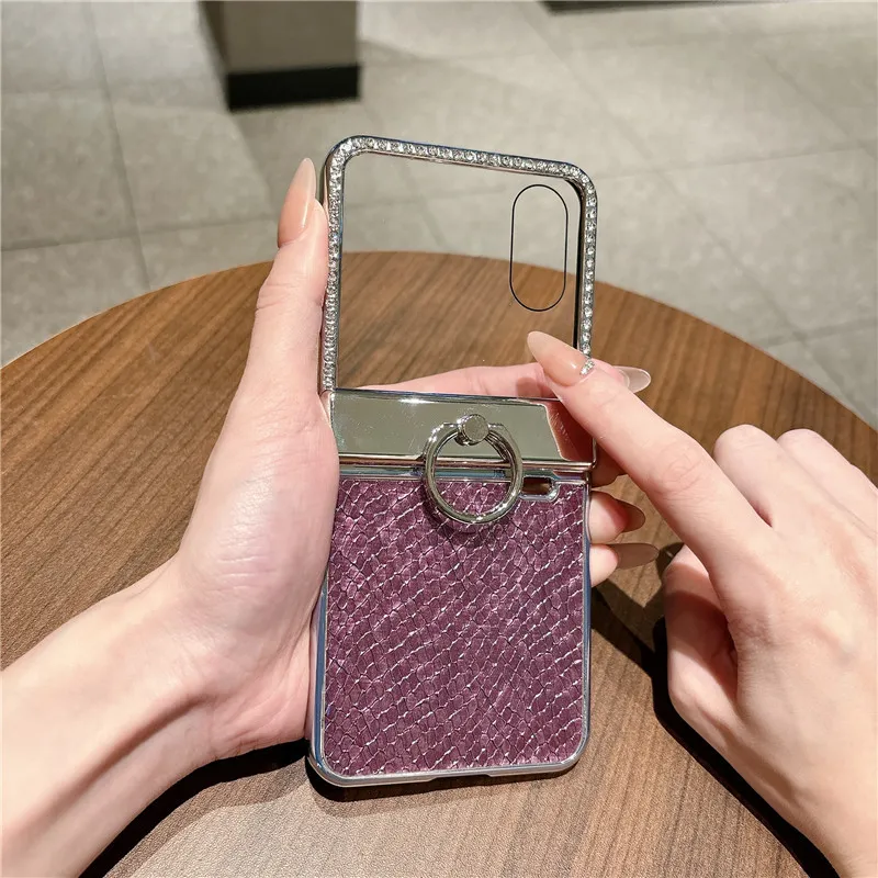 Compatible with Honor Magic V Flip2 phone case, foldable screen, luxury electroplated vegan leather ring, drop-proof protective case
