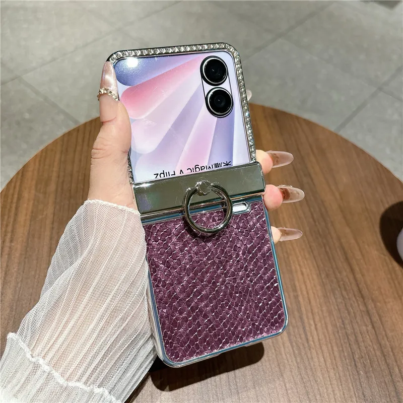 Compatible with Honor Magic V Flip2 phone case, foldable screen, luxury electroplated vegan leather ring, drop-proof protective case