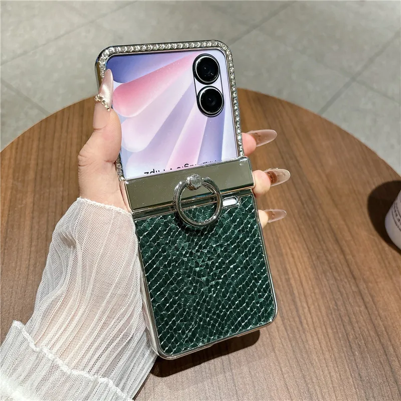 Compatible with Honor Magic V Flip2 phone case, foldable screen, luxury electroplated vegan leather ring, drop-proof protective case