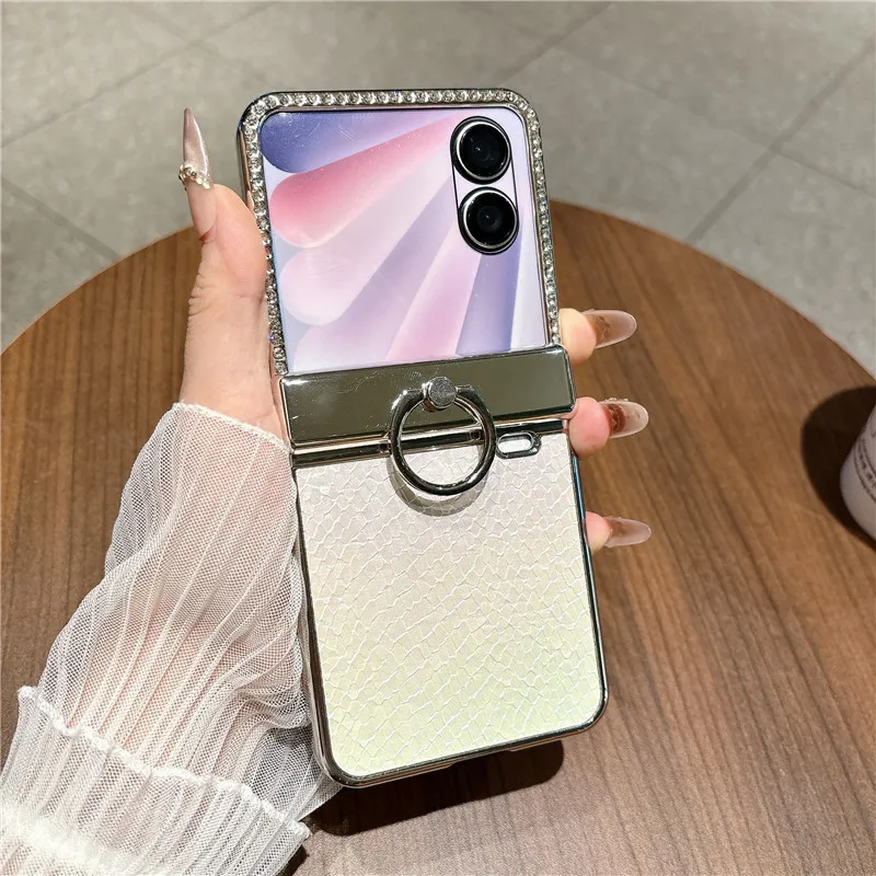 Compatible with Honor Magic V Flip2 phone case, foldable screen, luxury electroplated vegan leather ring, drop-proof protective case