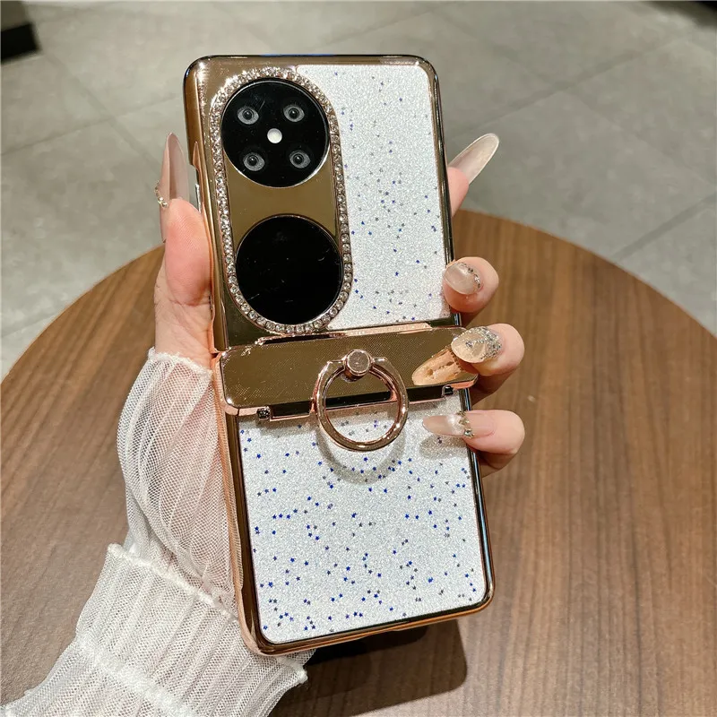 Compatible Huawei Pocket 2 phone case, Pura X foldable screen electroplated star-studded vegan leather drop-proof protective case
