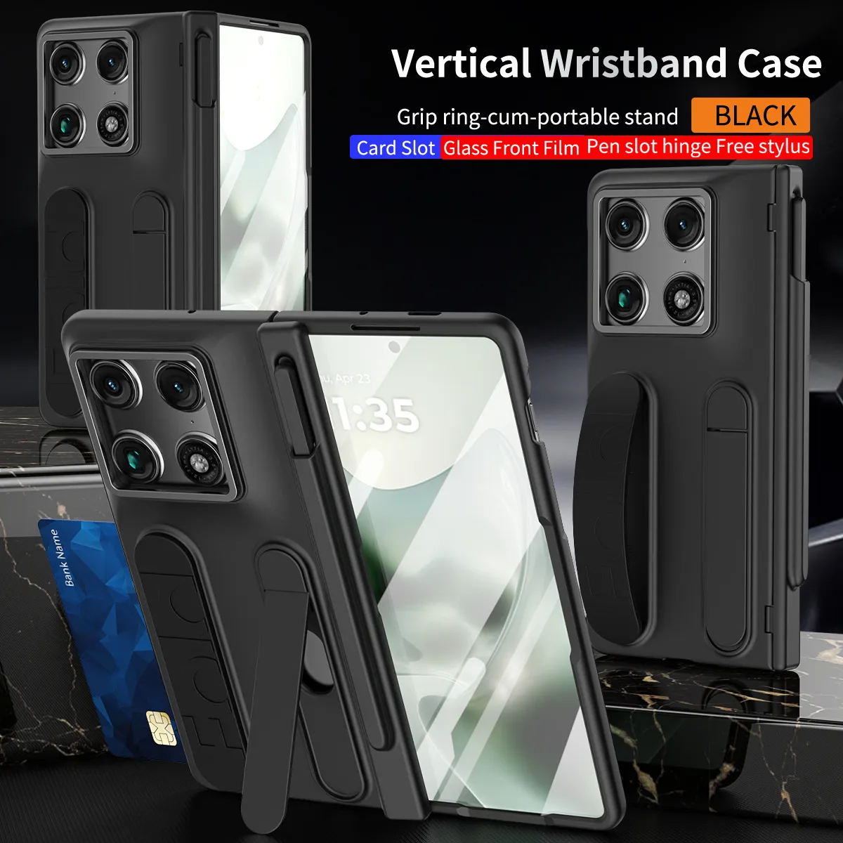 Compatible with Moto Razr Fold phone case, Motorola folding pen slot wrist strap hinge case, integrated protective film