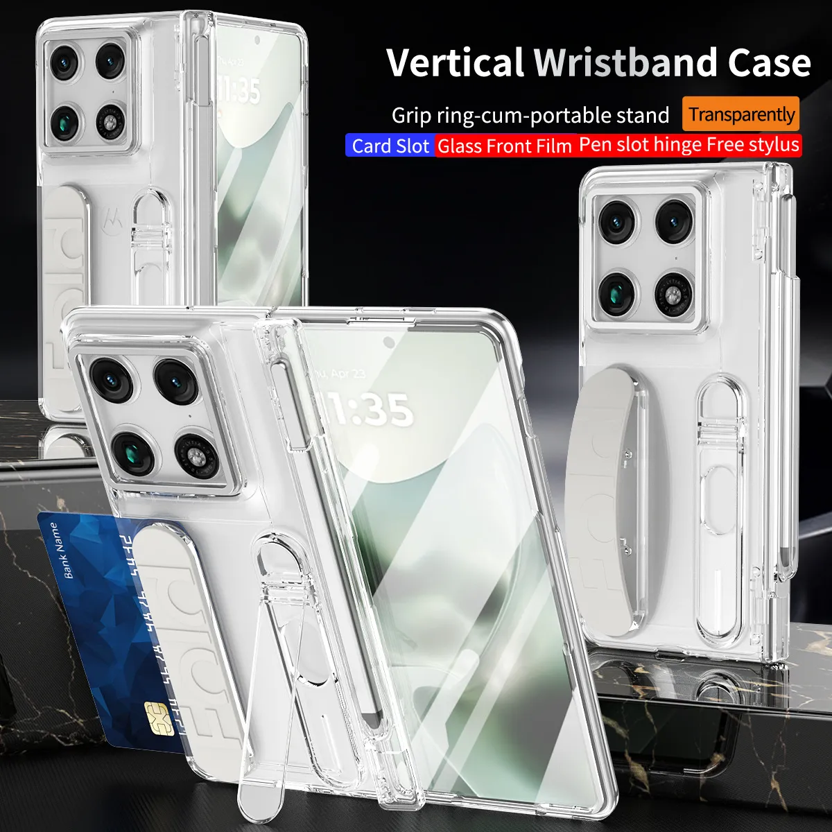 Compatible with Moto Razr Fold phone case, Motorola folding pen slot wrist strap hinge case, integrated protective film