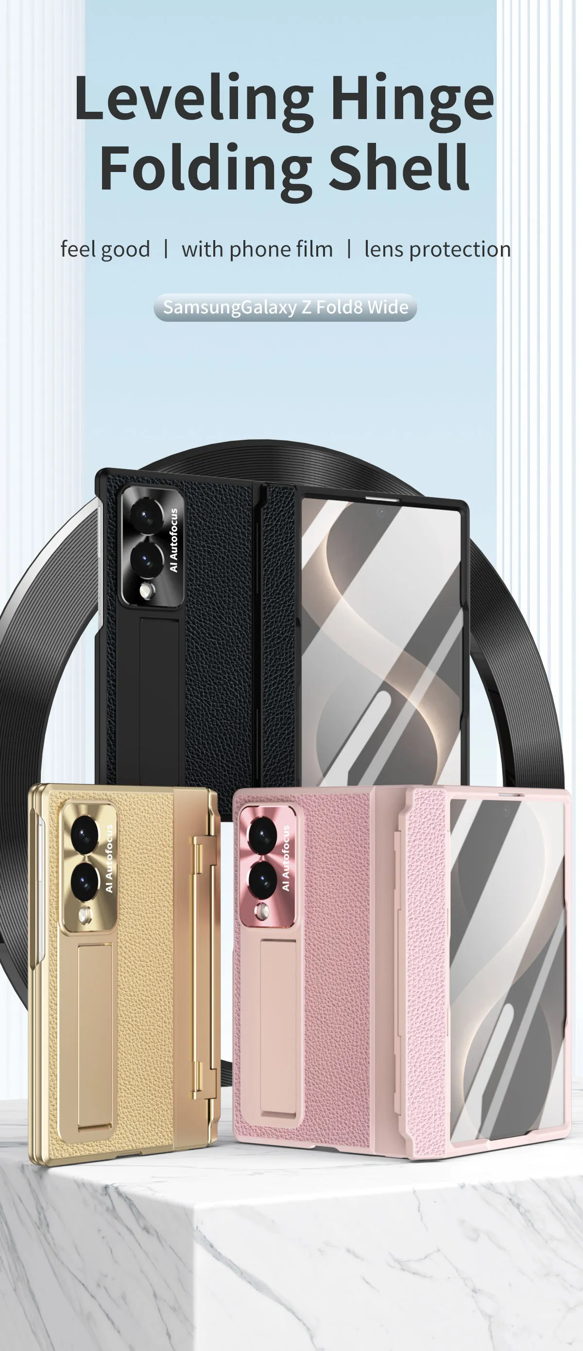 Samsung Fold8 Wide Phone Case with Flat Hinge, Vegan Leather, Pen Slot, Drop-Proof Protection