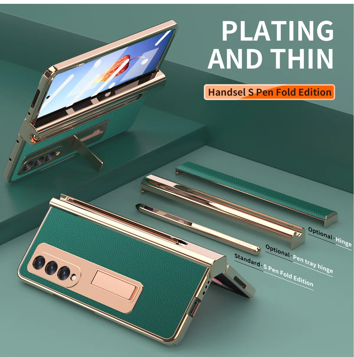 Samsung Fold4 phone case with pen slot, S Pen pen, vegan leather protective case, FOLD3 full coverage, drop protection.