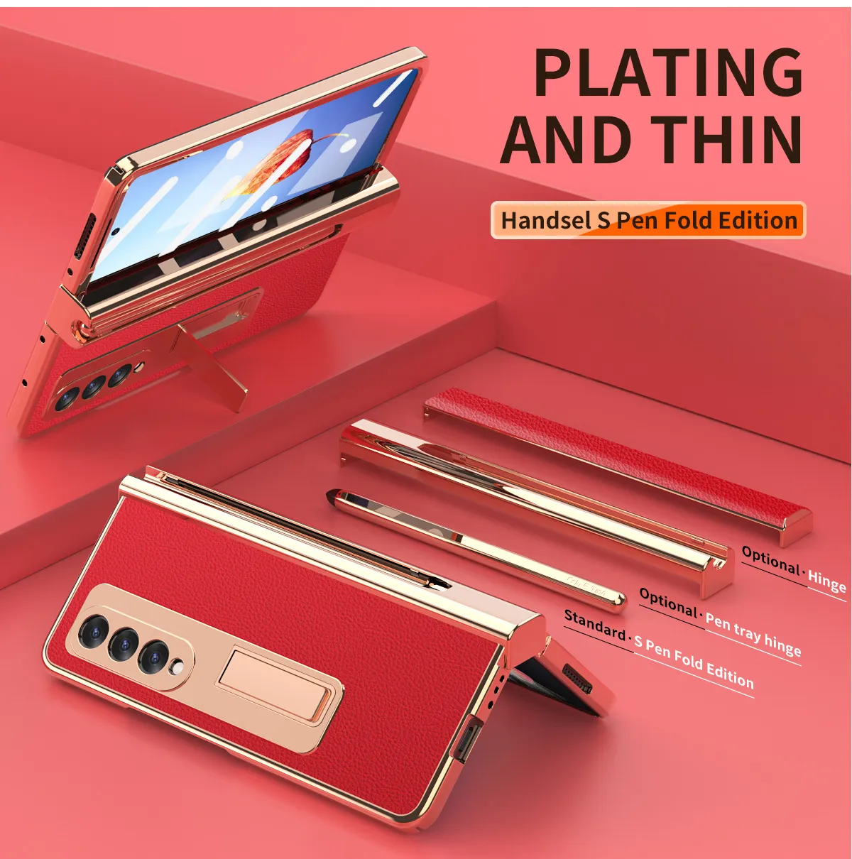 Samsung Fold4 phone case with pen slot, S Pen pen, vegan leather protective case, FOLD3 full coverage, drop protection.
