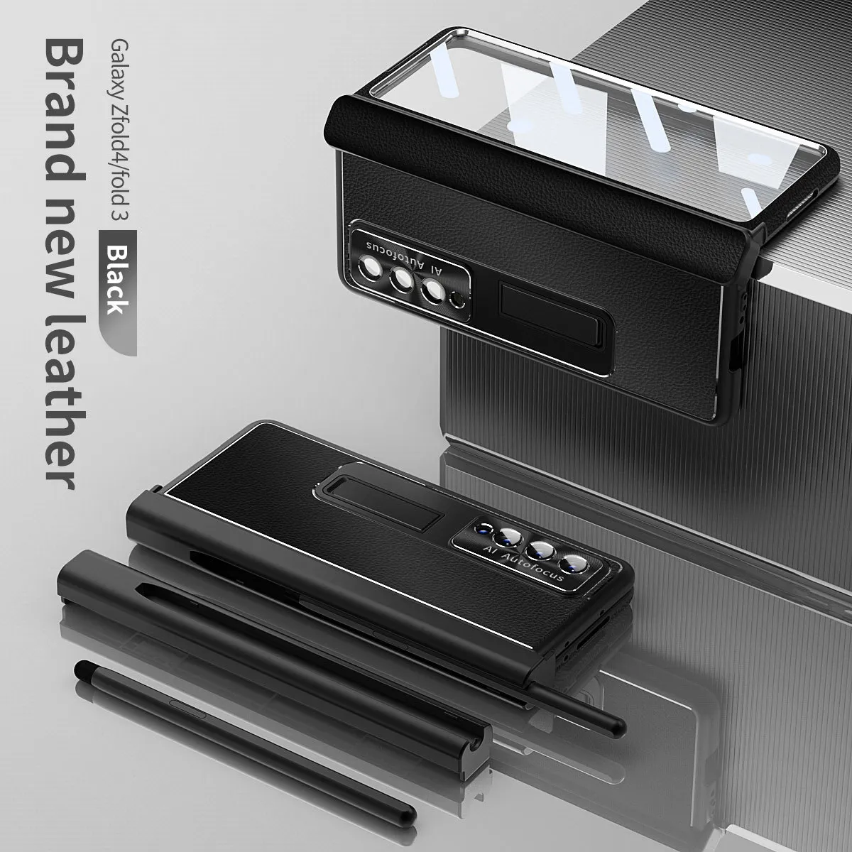 Compatible with Samsung Zfold4 phone case, magnetic hinge, vegan leather FOLD3 folding protective case, dual pen slots.