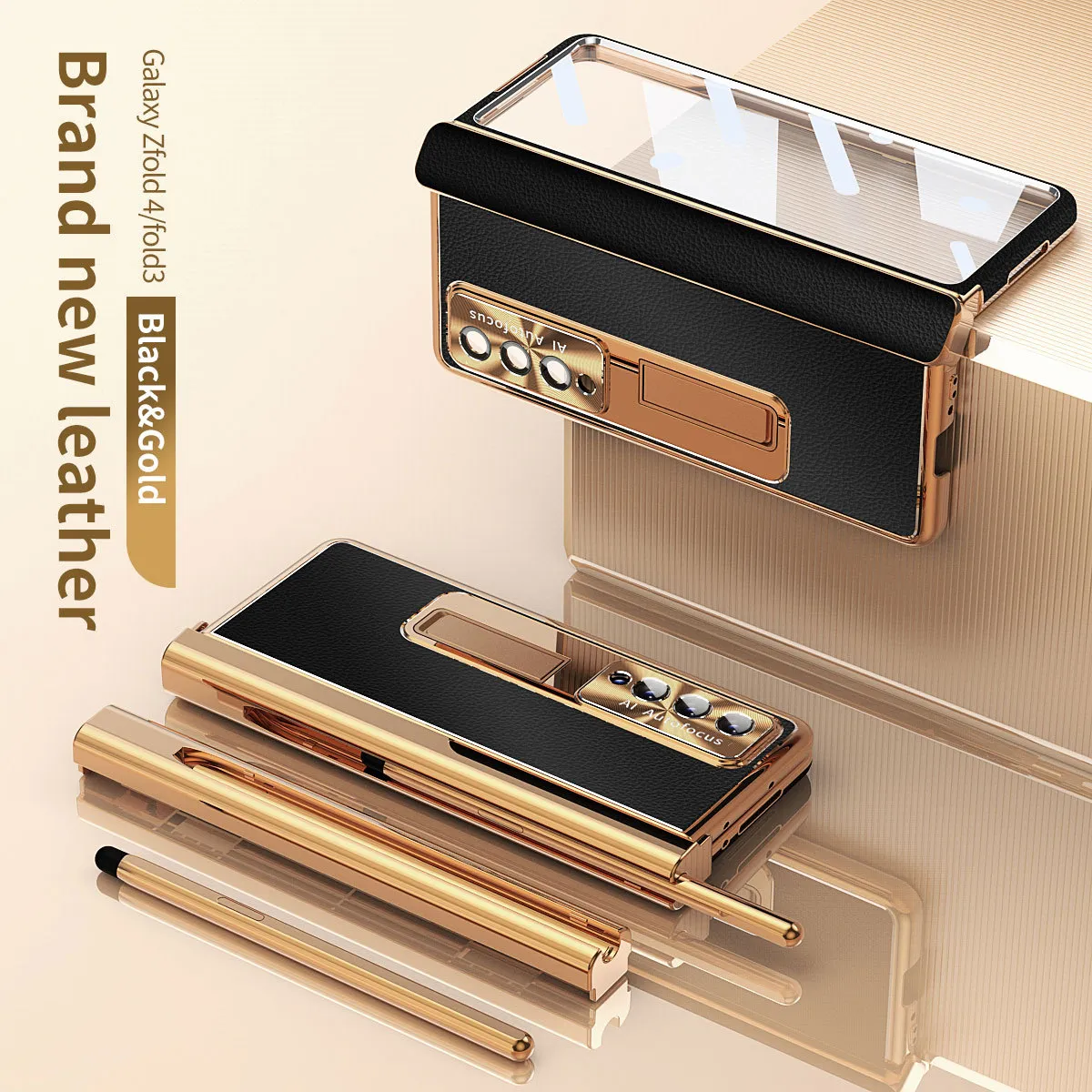 Compatible with Samsung Zfold4 phone case, magnetic hinge, vegan leather FOLD3 folding protective case, dual pen slots.
