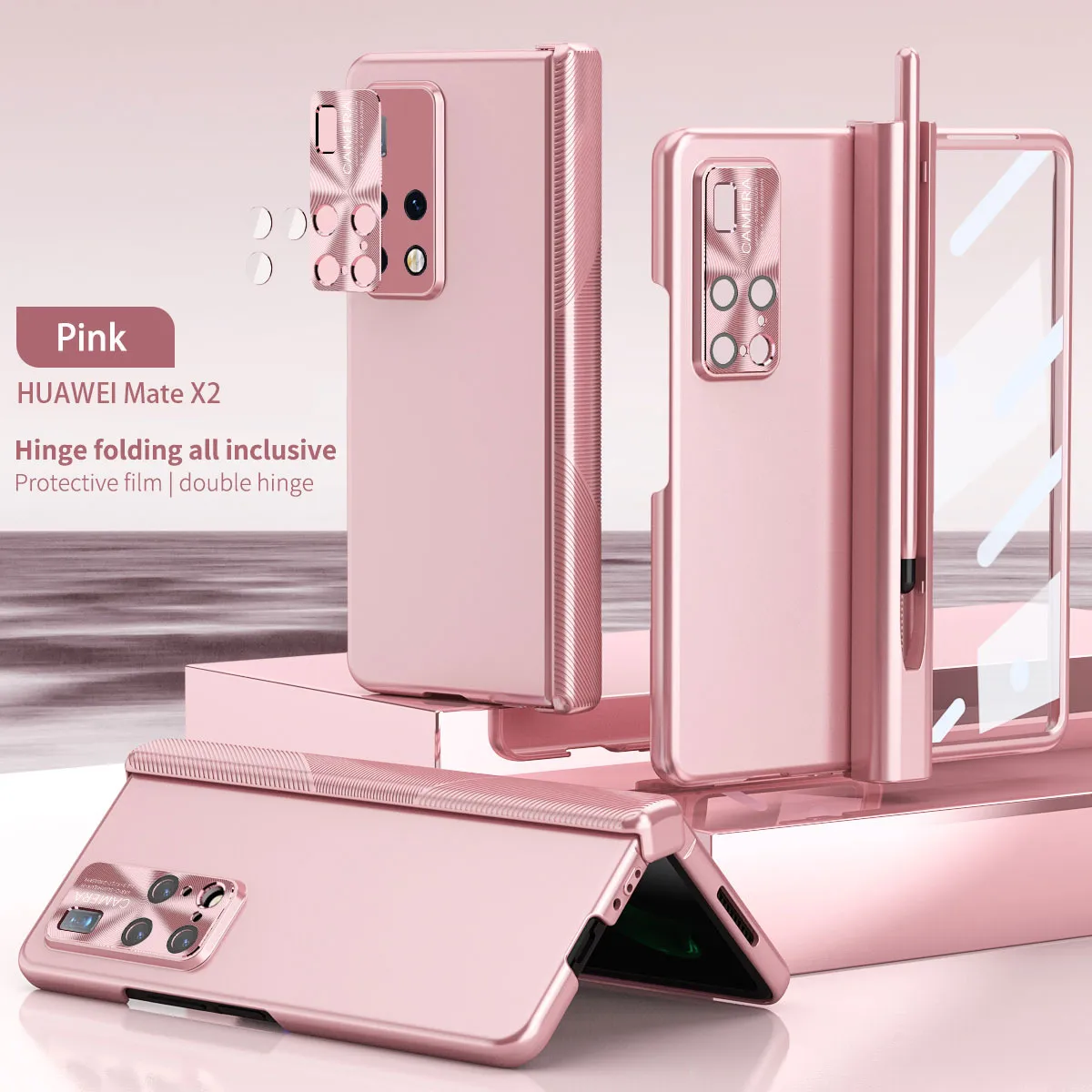 Huawei MATE X2 phone case, solid color, magnetic hinge, folding protective case, 5G lens film, leather case.