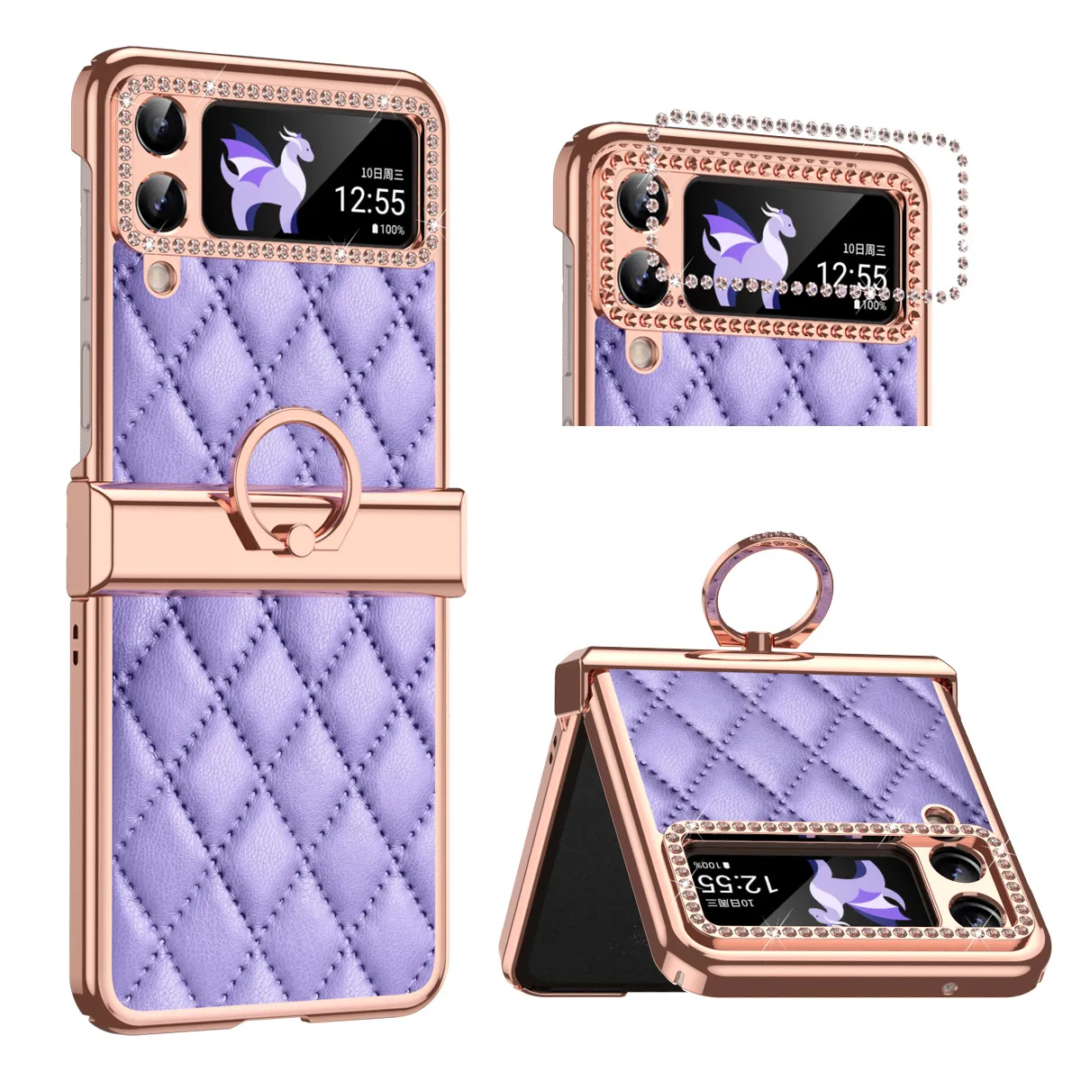 Samsung ZFlip 4 phone case, folding full-coverage hinge, diamond-patterned, Chanel-style, 5G, ring-shaped, drop-proof protective leather case.
