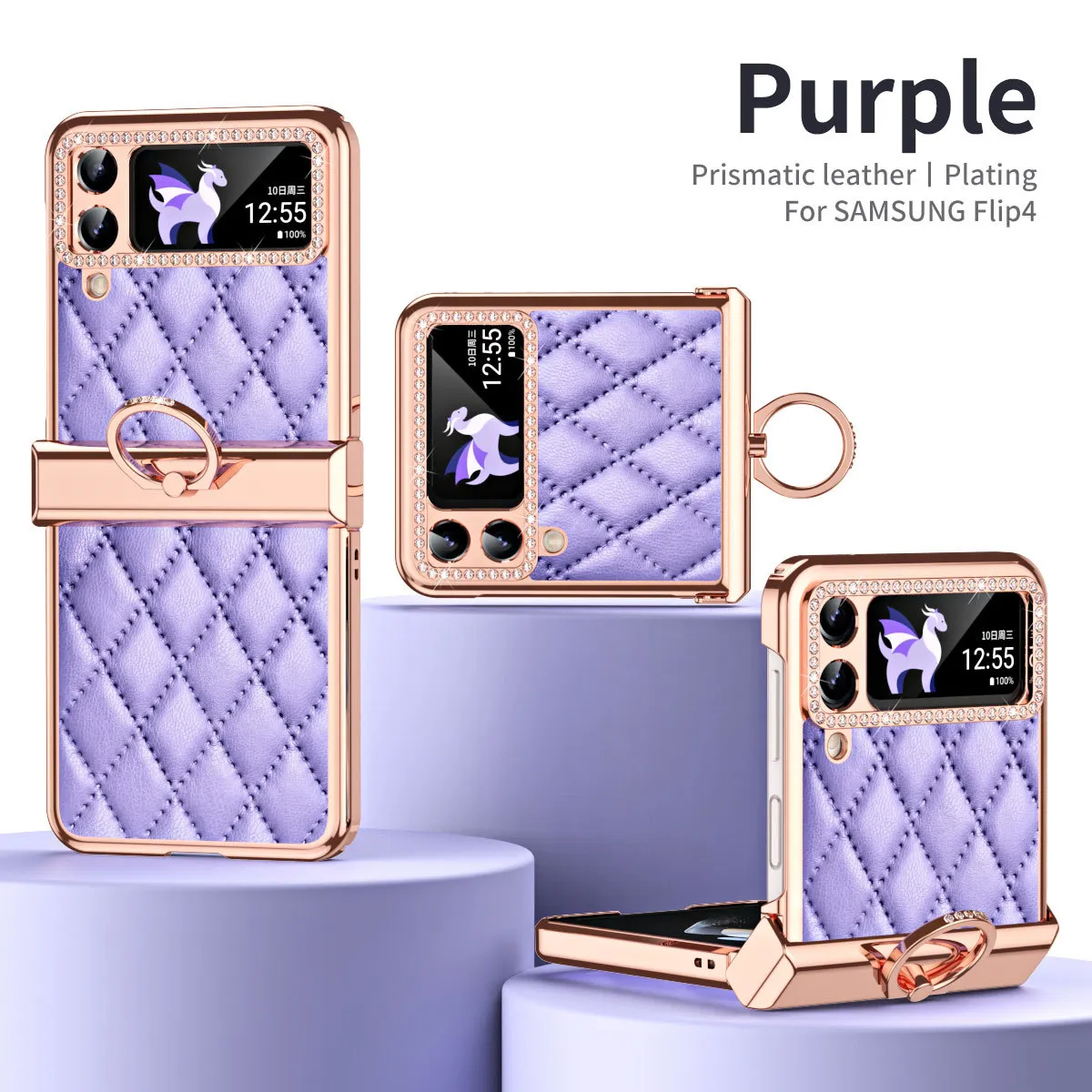 Samsung ZFlip 4 phone case, folding full-coverage hinge, diamond-patterned, Chanel-style, 5G, ring-shaped, drop-proof protective leather case.