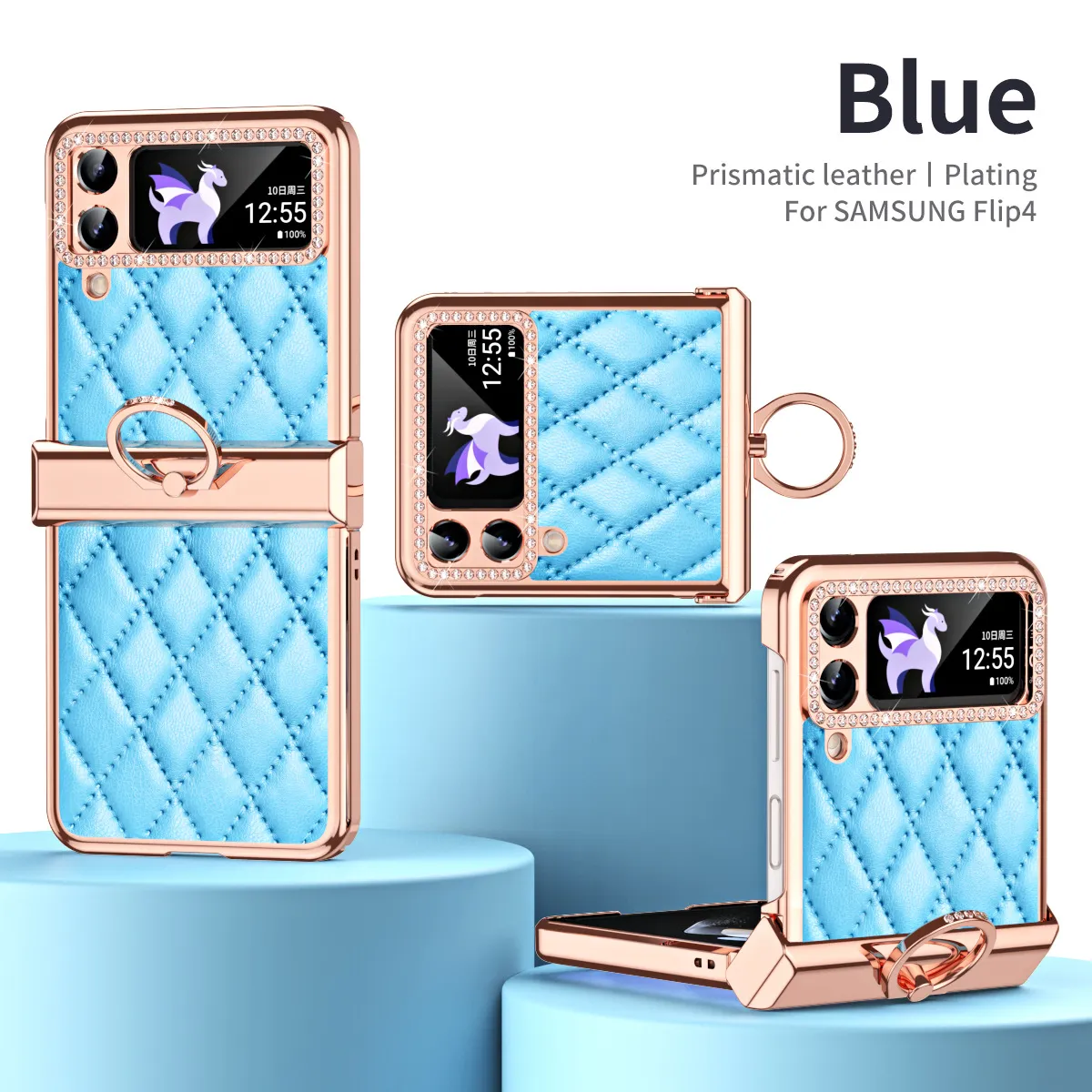 Samsung ZFlip 4 phone case, folding full-coverage hinge, diamond-patterned, Chanel-style, 5G, ring-shaped, drop-proof protective leather case.