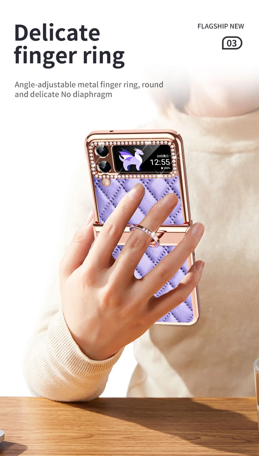 Samsung ZFlip 4 phone case, folding full-coverage hinge, diamond-patterned, Chanel-style, 5G, ring-shaped, drop-proof protective leather case.