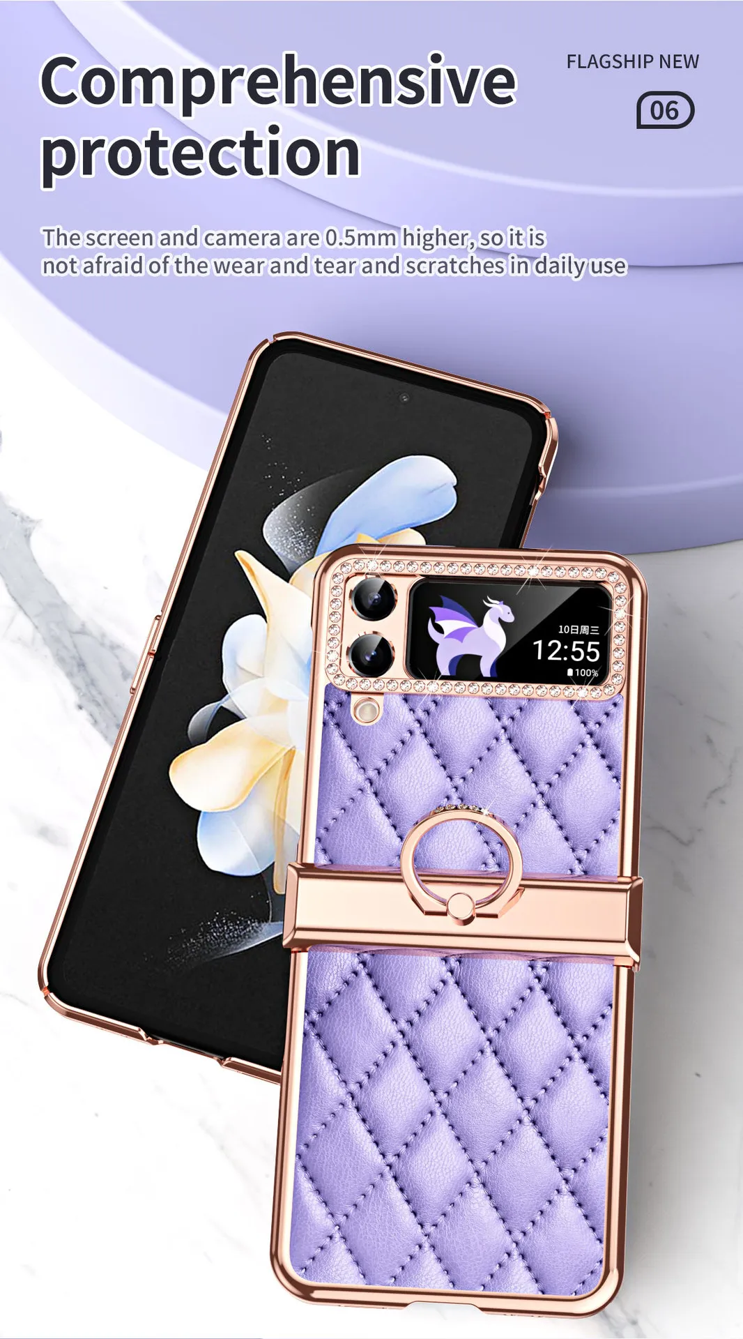 Samsung ZFlip 4 phone case, folding full-coverage hinge, diamond-patterned, Chanel-style, 5G, ring-shaped, drop-proof protective leather case.