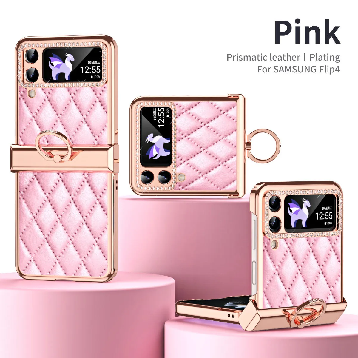 Samsung ZFlip 4 phone case, folding full-coverage hinge, diamond-patterned, Chanel-style, 5G, ring-shaped, drop-proof protective leather case.