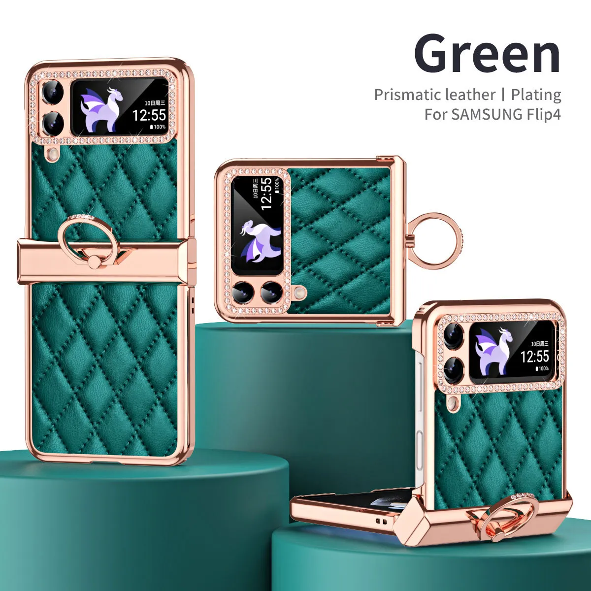 Samsung ZFlip 4 phone case, folding full-coverage hinge, diamond-patterned, Chanel-style, 5G, ring-shaped, drop-proof protective leather case.