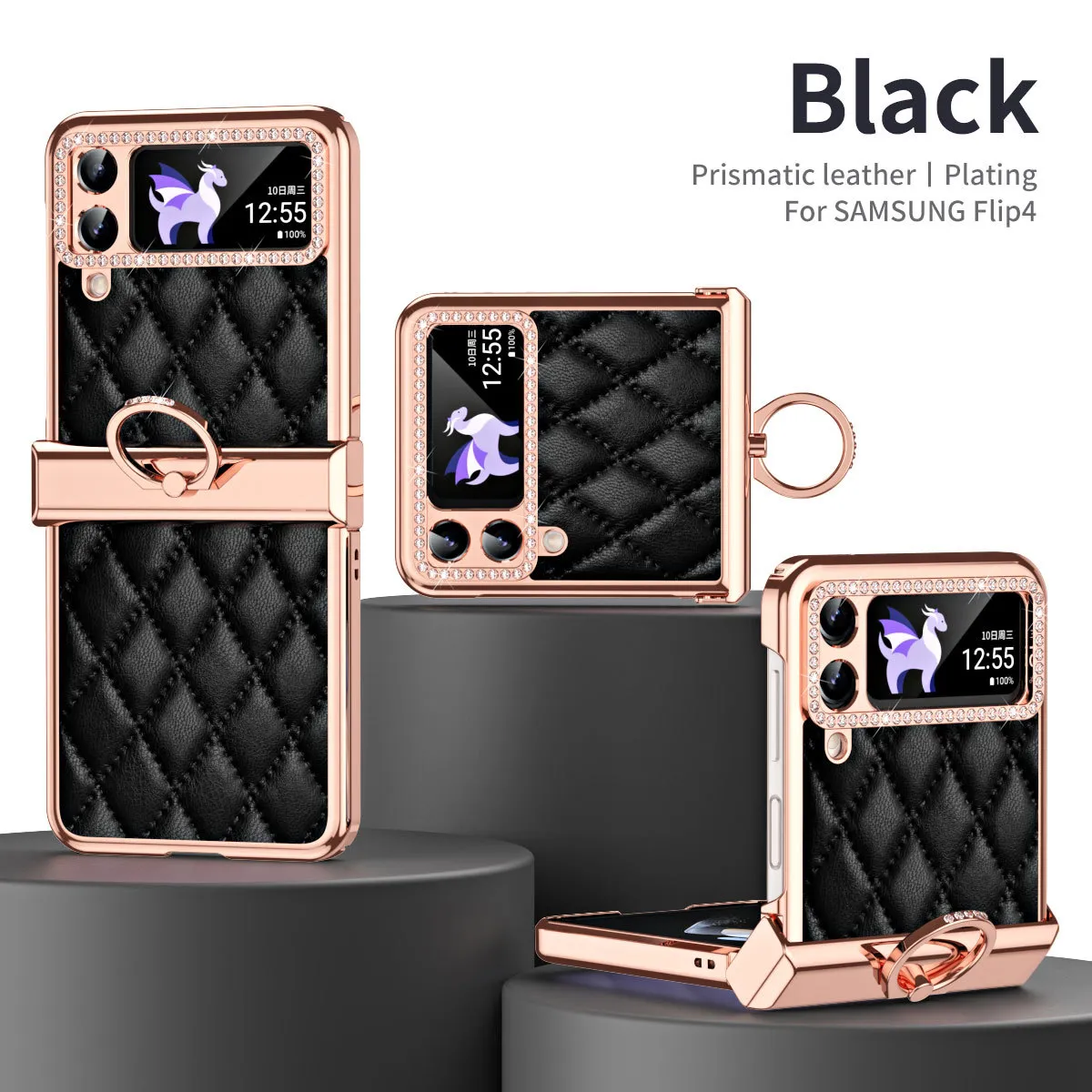 Samsung ZFlip 4 phone case, folding full-coverage hinge, diamond-patterned, Chanel-style, 5G, ring-shaped, drop-proof protective leather case.