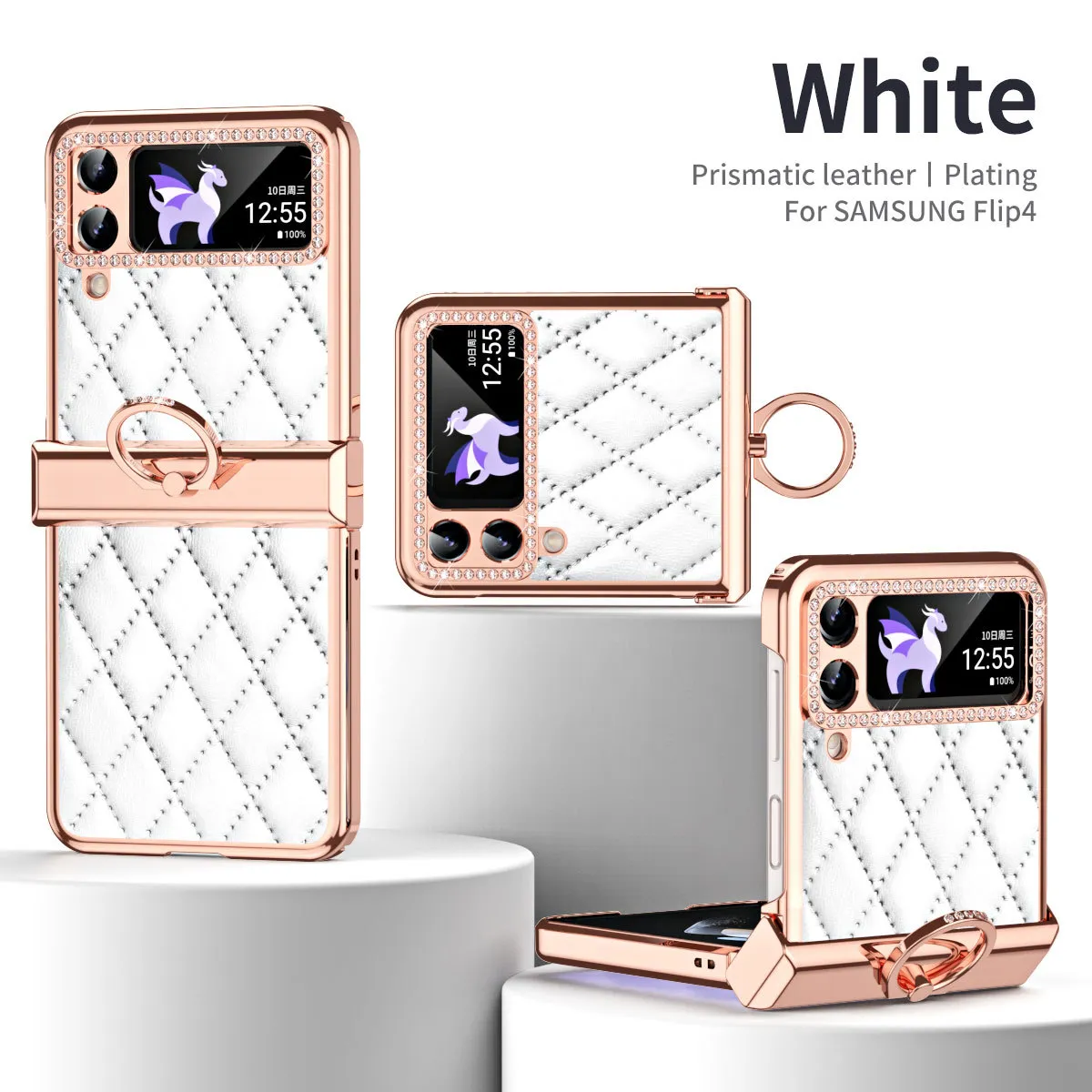 Samsung ZFlip 4 phone case, folding full-coverage hinge, diamond-patterned, Chanel-style, 5G, ring-shaped, drop-proof protective leather case.