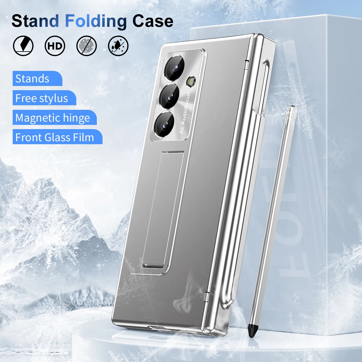 Samsung ZFold 8 Ultra phone case with magnetic hinge, electroplated lens coating, suitable for use with lenses.