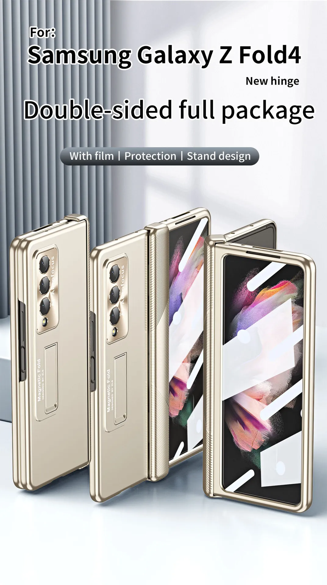 Samsung ZFold 4 Phone Case FOLD4 Magnetic Hinge Folding Protective Case W22 Electroplated Lens Film Leather Case