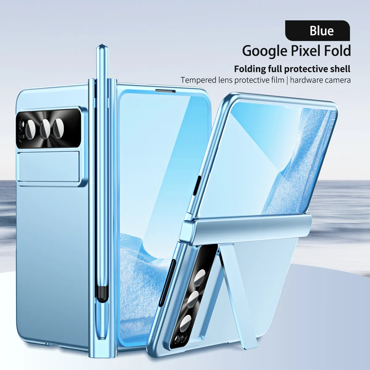 Compatible with Google Pixel Fold phone case, folding and drop-proof full-coverage protection with dual pen slot hinge.
