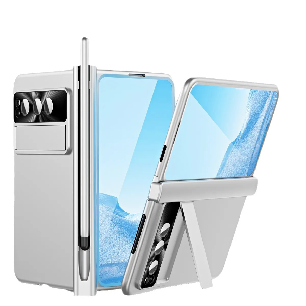 Compatible with Google Pixel Fold phone case, folding and drop-proof full-coverage protection with dual pen slot hinge.