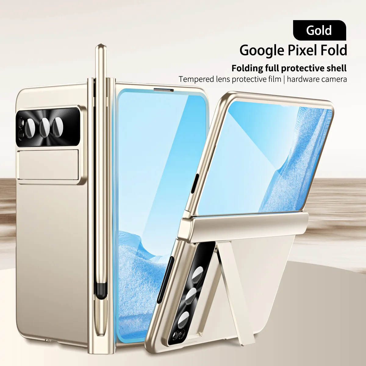 Compatible with Google Pixel Fold phone case, folding and drop-proof full-coverage protection with dual pen slot hinge.