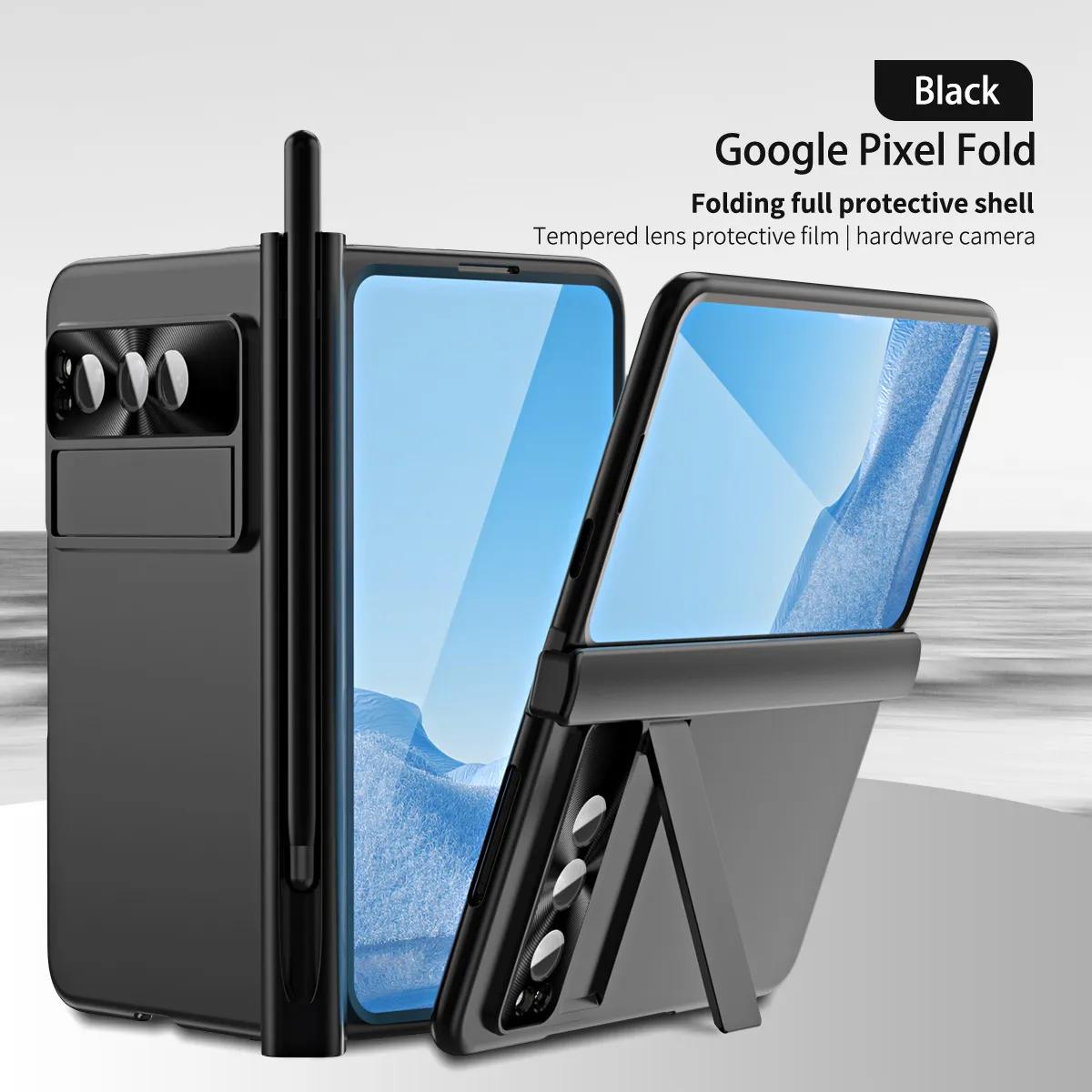 Compatible with Google Pixel Fold phone case, folding and drop-proof full-coverage protection with dual pen slot hinge.