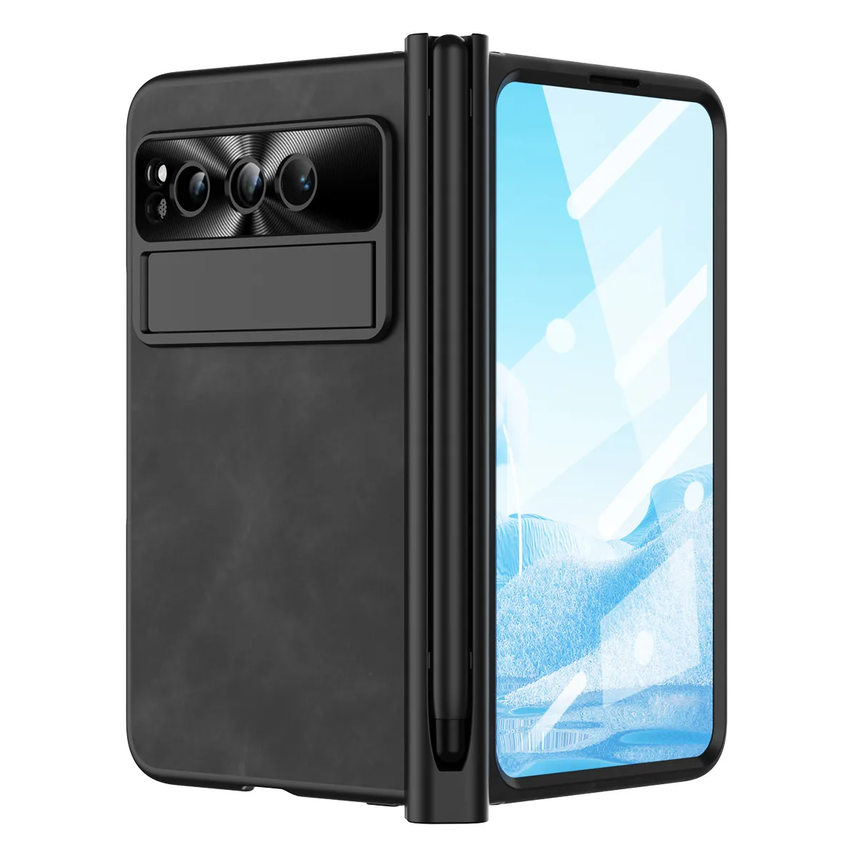 Compatible with Google Pixel Fold phone case, vegan leather folding protective case with pen slot hinge.