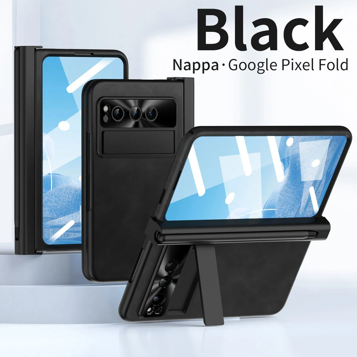 Compatible with Google Pixel Fold phone case, vegan leather folding protective case with pen slot hinge.