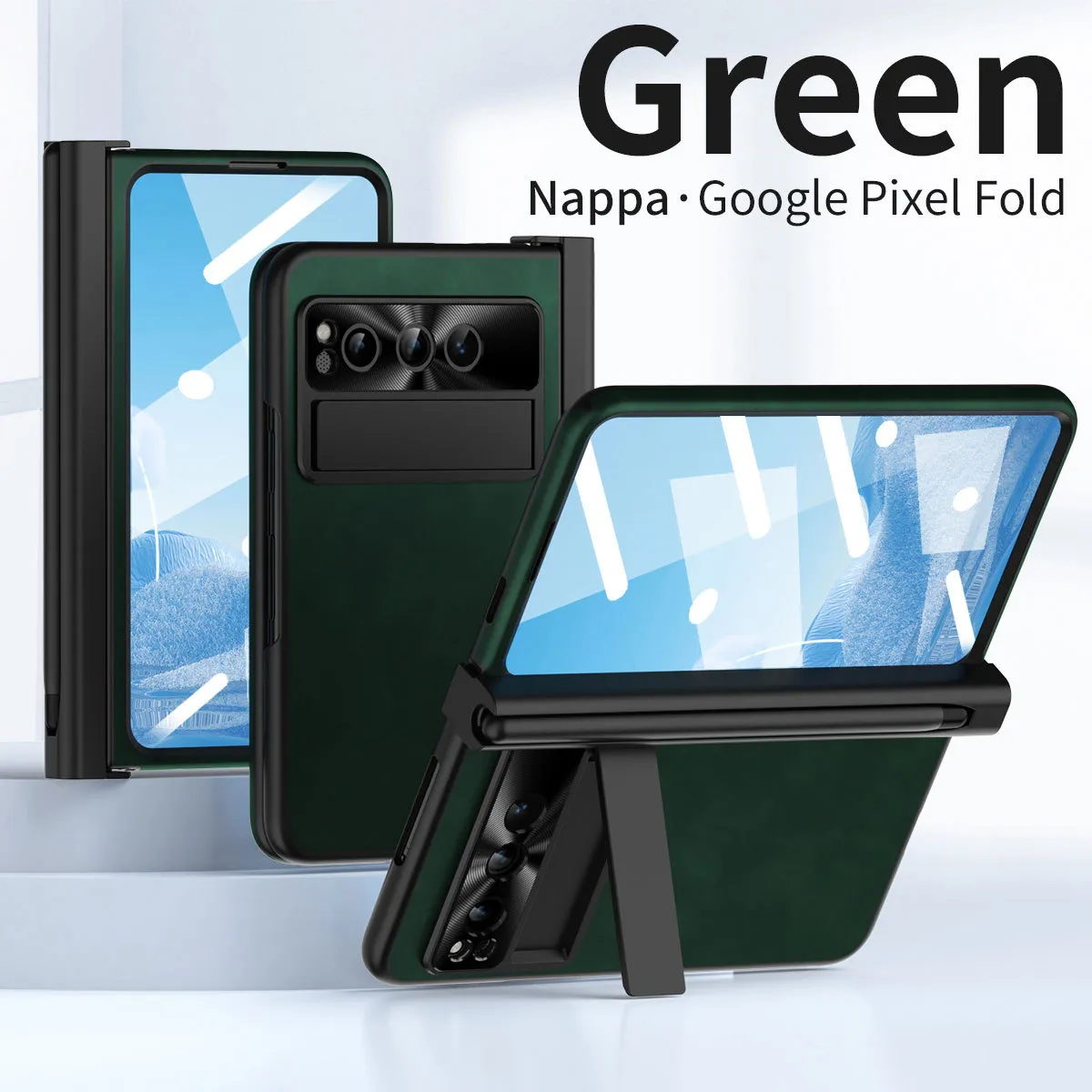 Compatible with Google Pixel Fold phone case, vegan leather folding protective case with pen slot hinge.