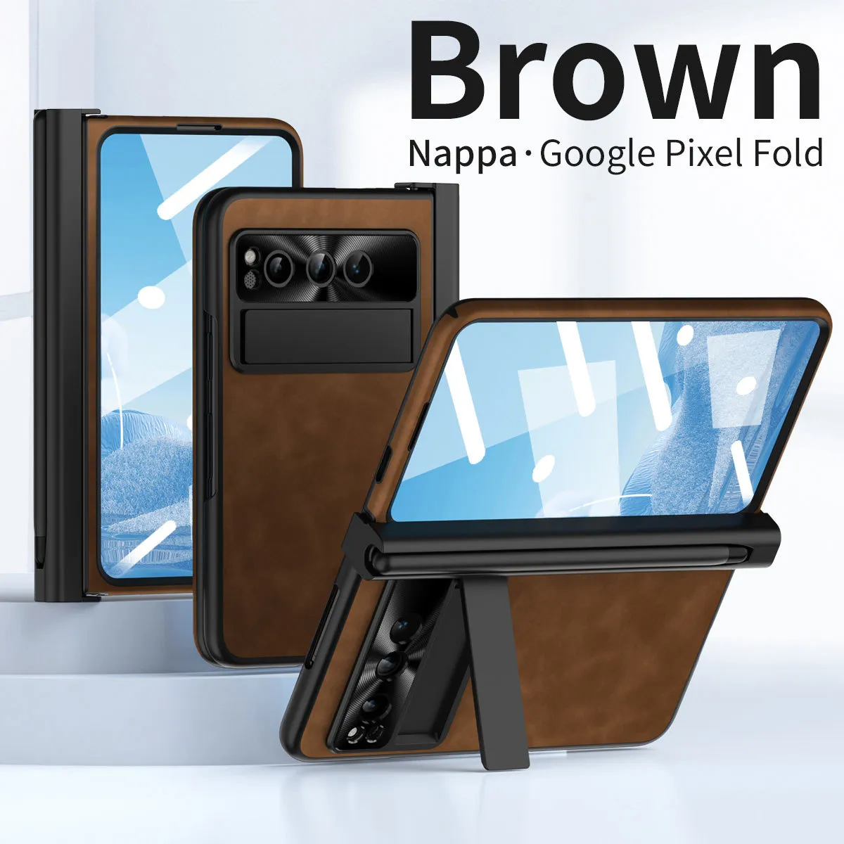 Compatible with Google Pixel Fold phone case, vegan leather folding protective case with pen slot hinge.
