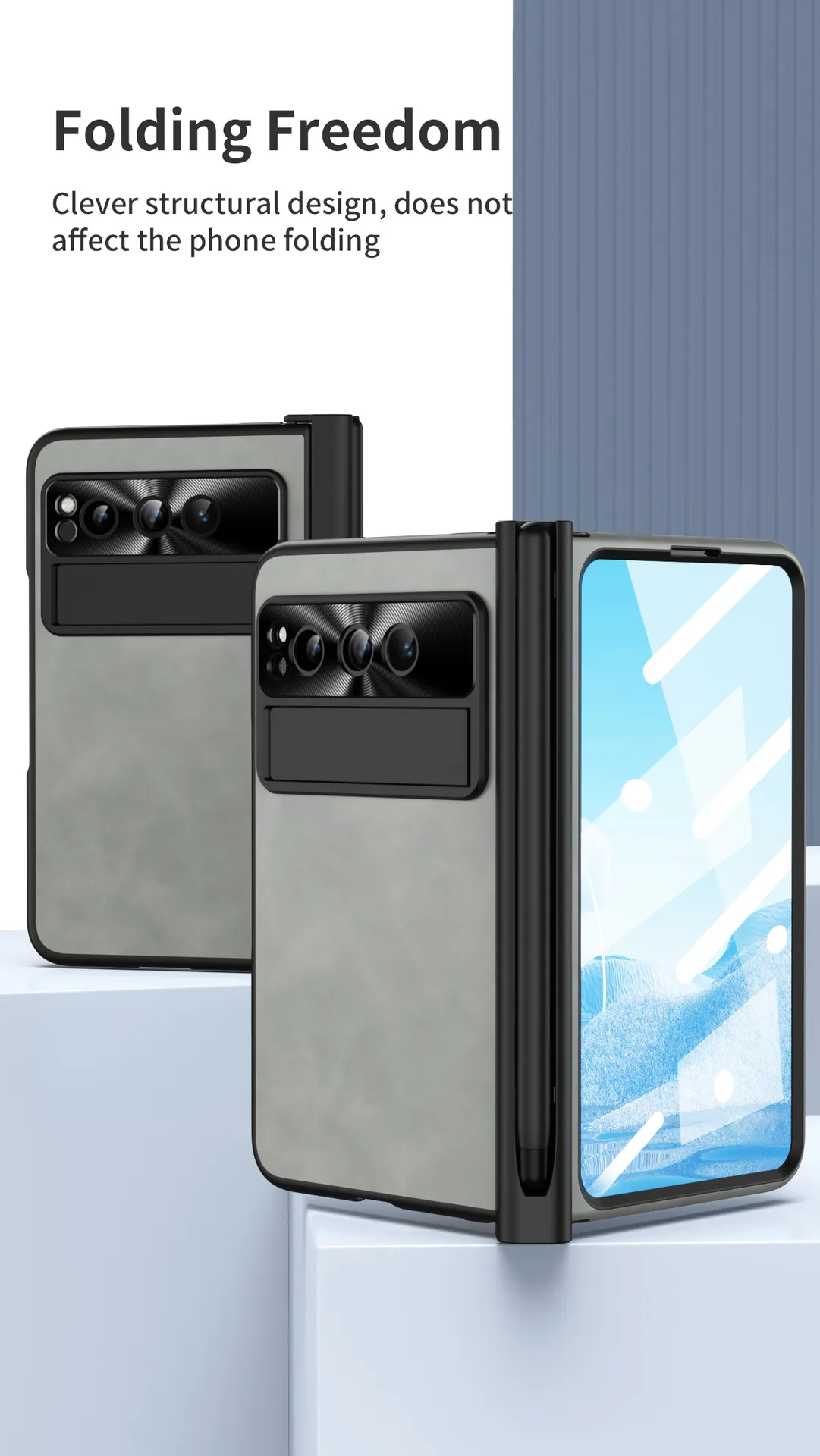 Compatible with Google Pixel Fold phone case, vegan leather folding protective case with pen slot hinge.
