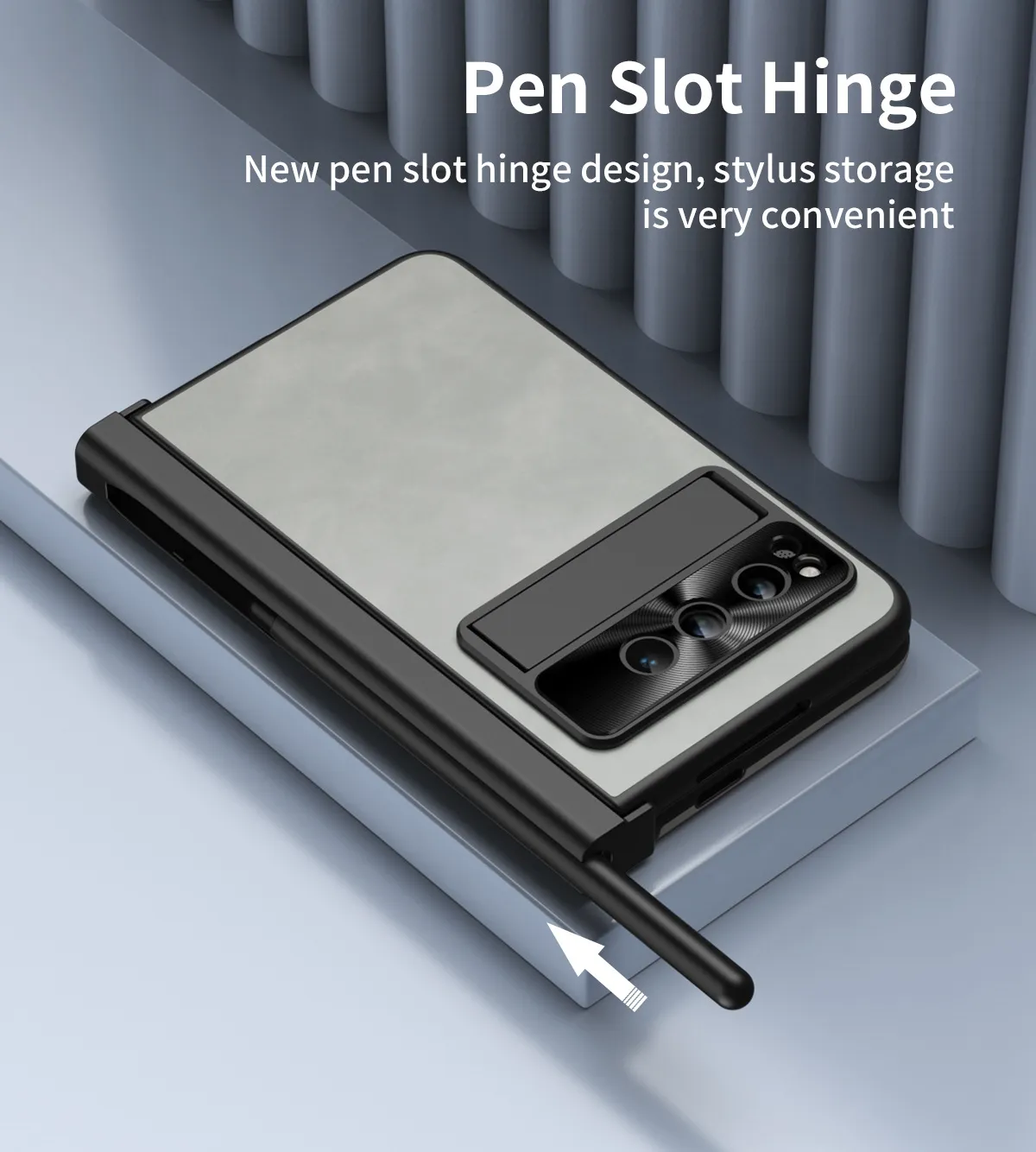 Compatible with Google Pixel Fold phone case, vegan leather folding protective case with pen slot hinge.