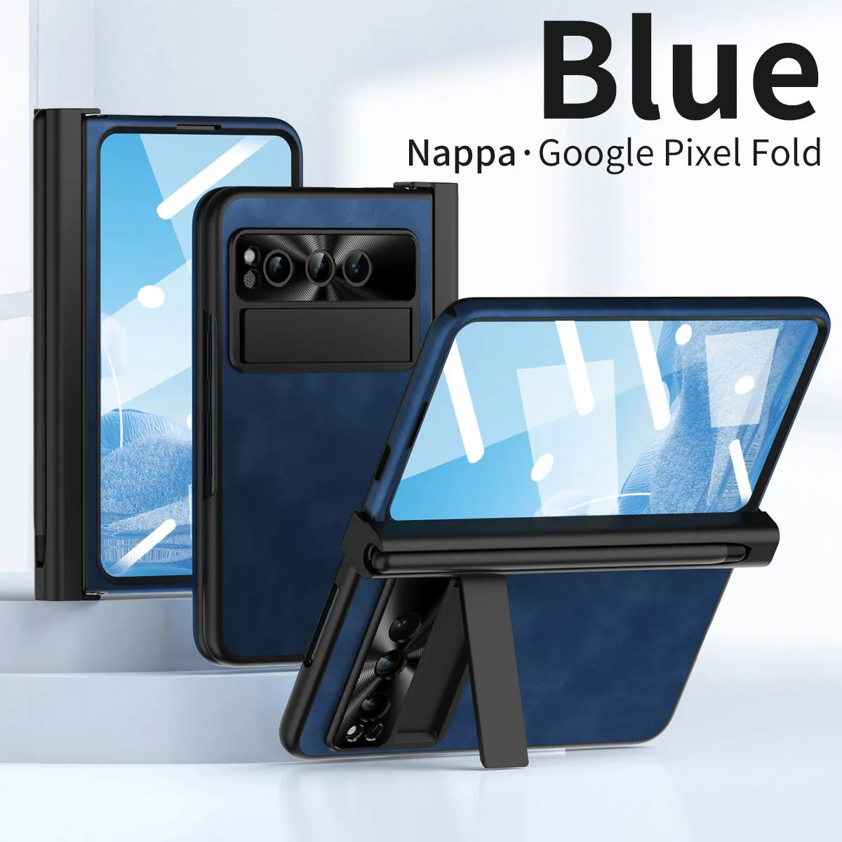 Compatible with Google Pixel Fold phone case, vegan leather folding protective case with pen slot hinge.